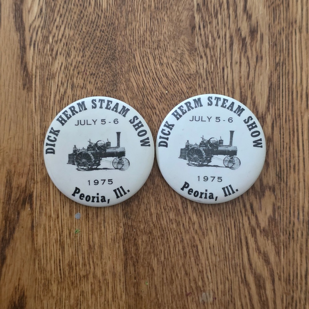 Vintage 1975 Dick Herm Steam Show Peoria Illinois‎ Pinback Button Pair 2.25"